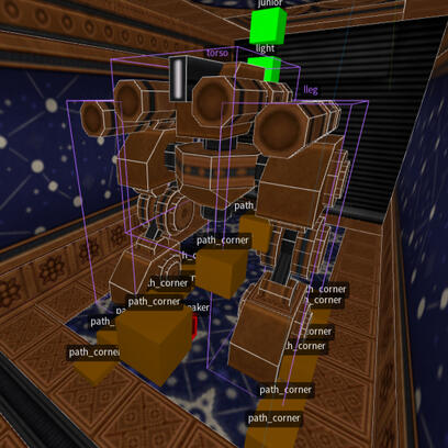 In-editor screenshot of a personal project. Shown here is a boss constructed entirely out of moving level geometry.